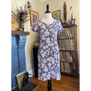 Pure Jill Dress XS 100% Linen Blue Floral Lined W/Cotton Midi Batik Pockets